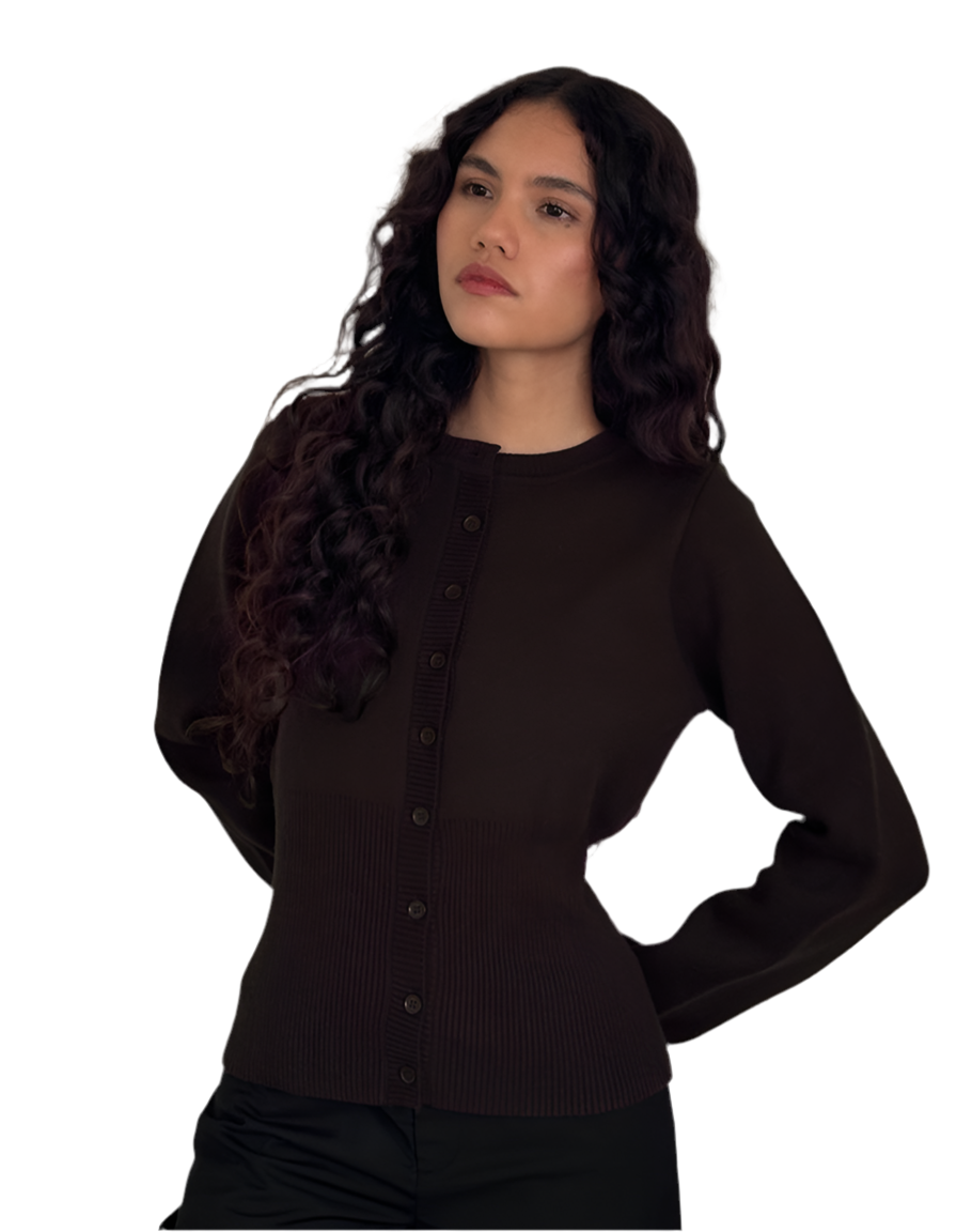 WOFA 25 LONG SLEEVE RIBBED CARDIGAN IN BITTER CHOCOLATE