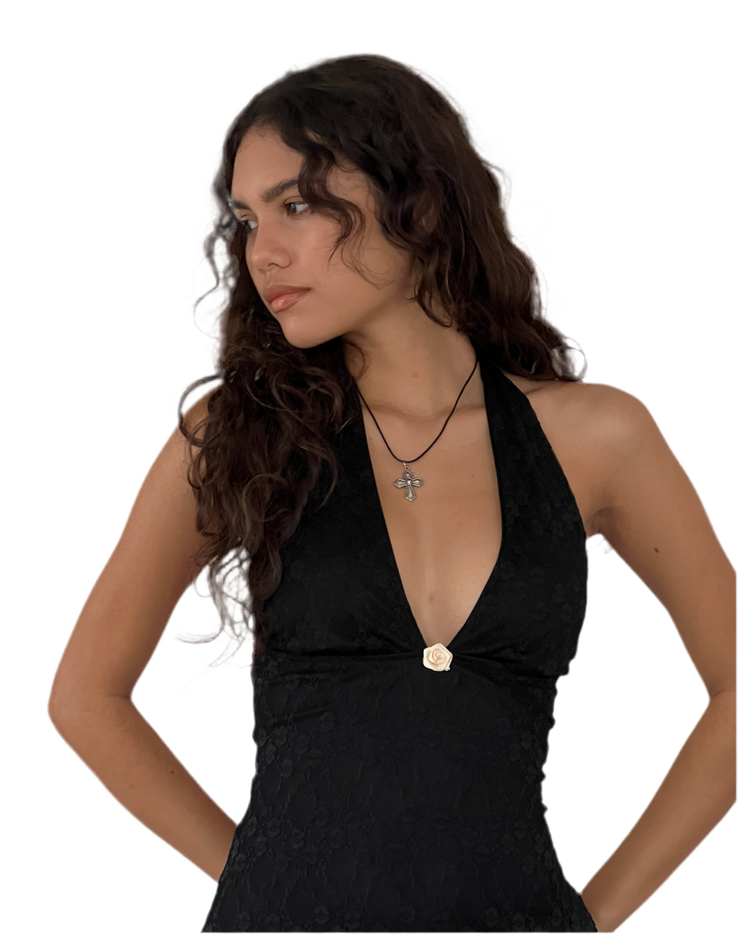 LACE BLACK HALTER NECK MINI DRESS