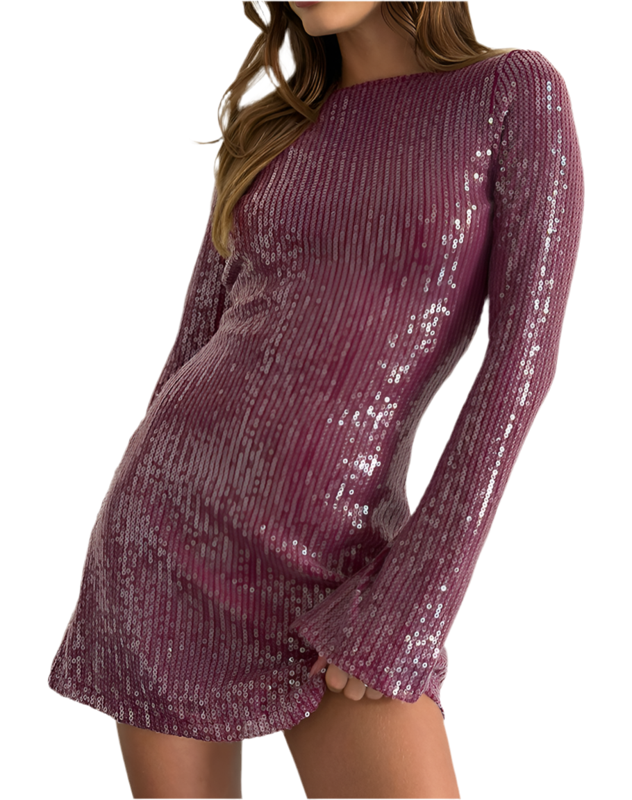 KIMBERLY MINI DRESS IN CLEAR SEQUIN MAROON