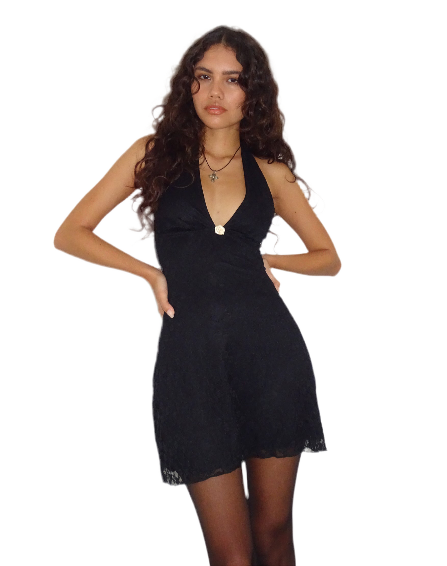 LACE BLACK HALTER NECK MINI DRESS