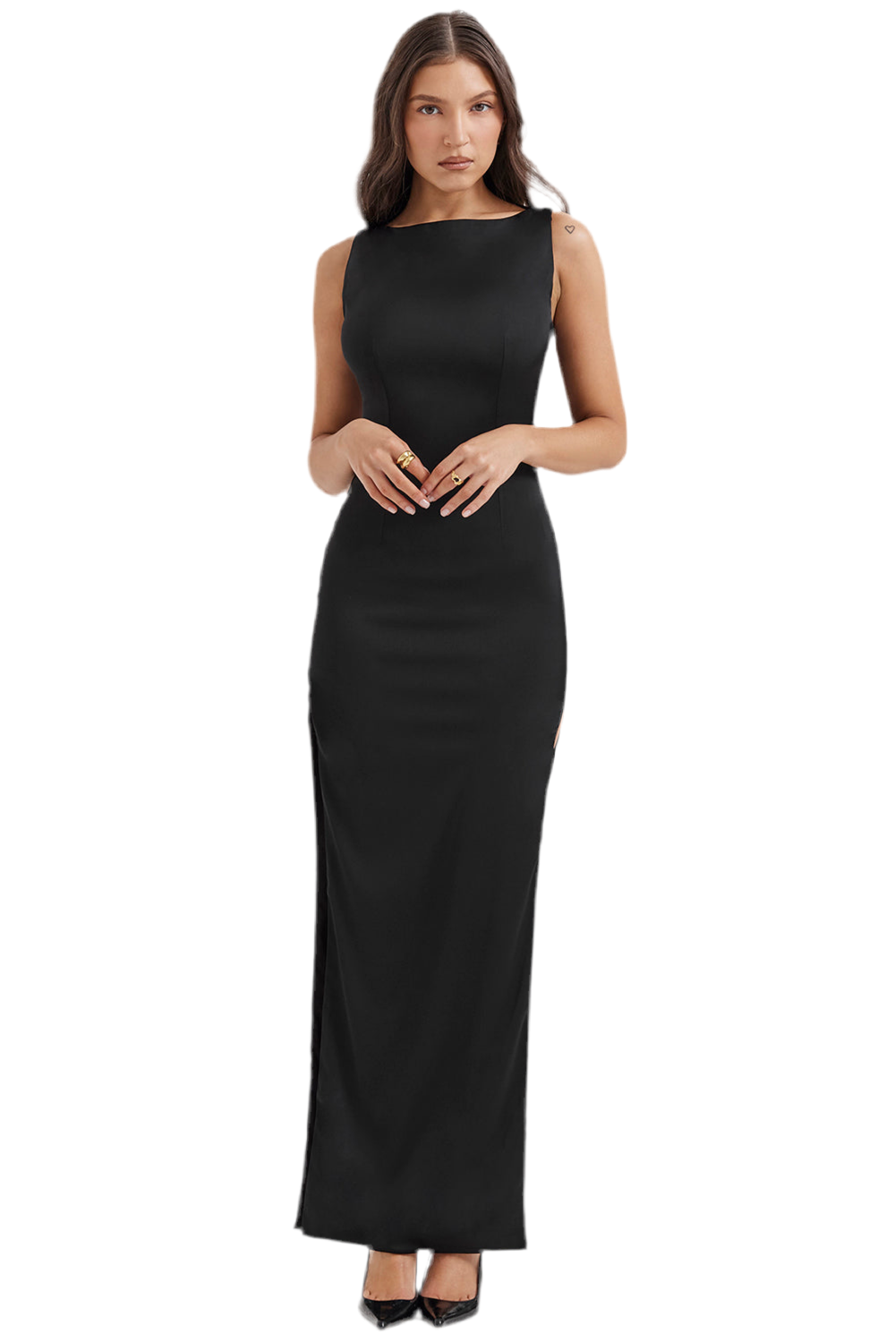 WOFA Chaveli – Schwarzes Satin-Maxikleid