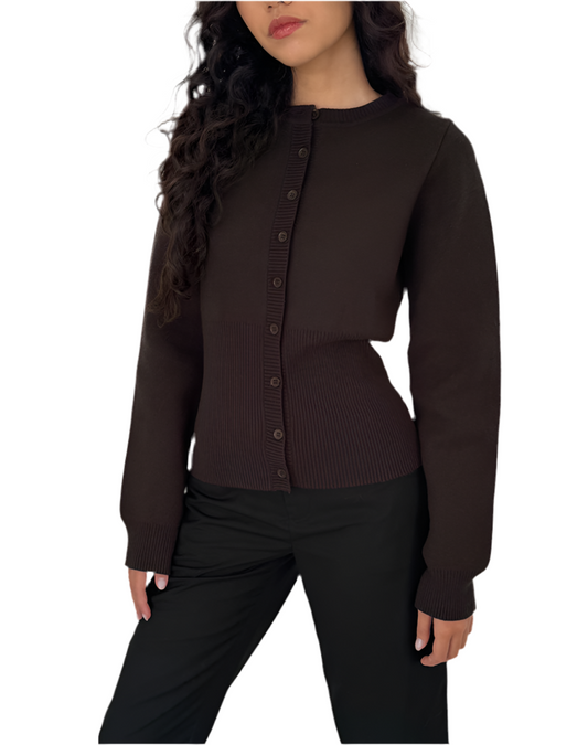 W.O.F.A 25 LONG SLEEVE RIBBED CARDIGAN IN BITTER CHOCOLATE
