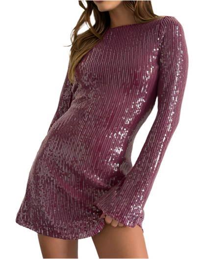 KIMBERLY MINI DRESS IN CLEAR SEQUIN MAROON
