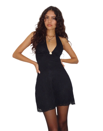 LACE BLACK HALTER NECK MINI DRESS