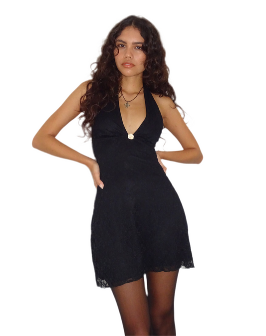 LACE BLACK HALTER NECK MINI DRESS