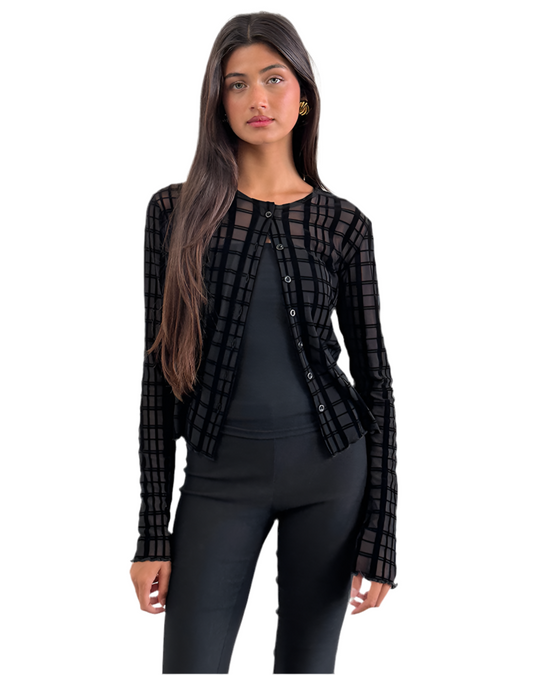 Tonal Check Flock Long Sleeve Top